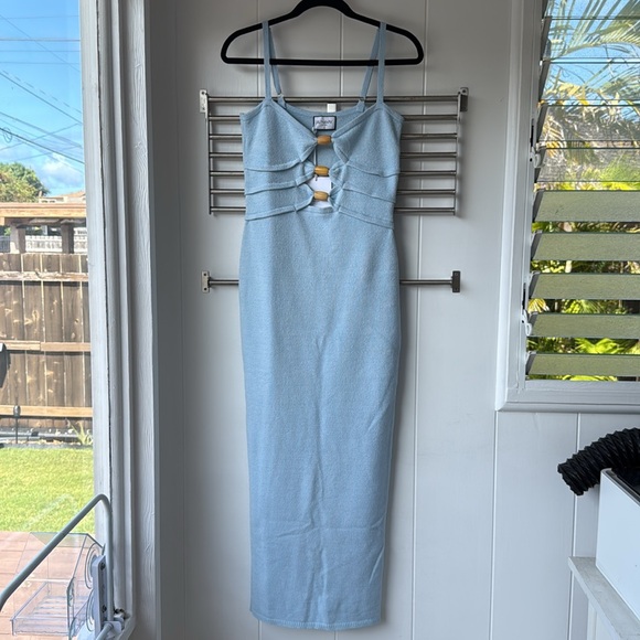 Runaway The Label Normani Light Ice Blue Midi Knit Bodycon Cut Out Bead Dress M - Picture 3 of 8